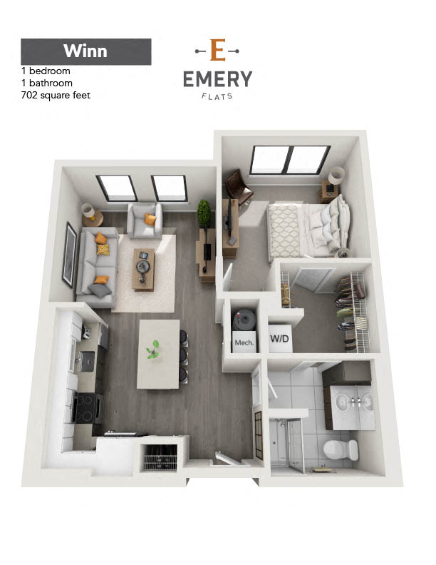 Floor plan for 1 bed, 1 bath, 702 sqft